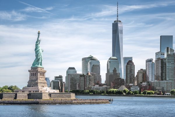 The Statue of Liberty with One World Trade Center background, Landmarks of New York City